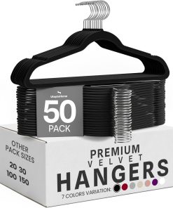 Utopia Home Velvet Hangers 50 Pack – Luxury Non-Slip Slim Hangers Black | Luxury Non-Slip Slim Pant & Coat Hangers. Strong Space-Saving Clothes Hangers with Pants Bar and 360° Swivel Hook